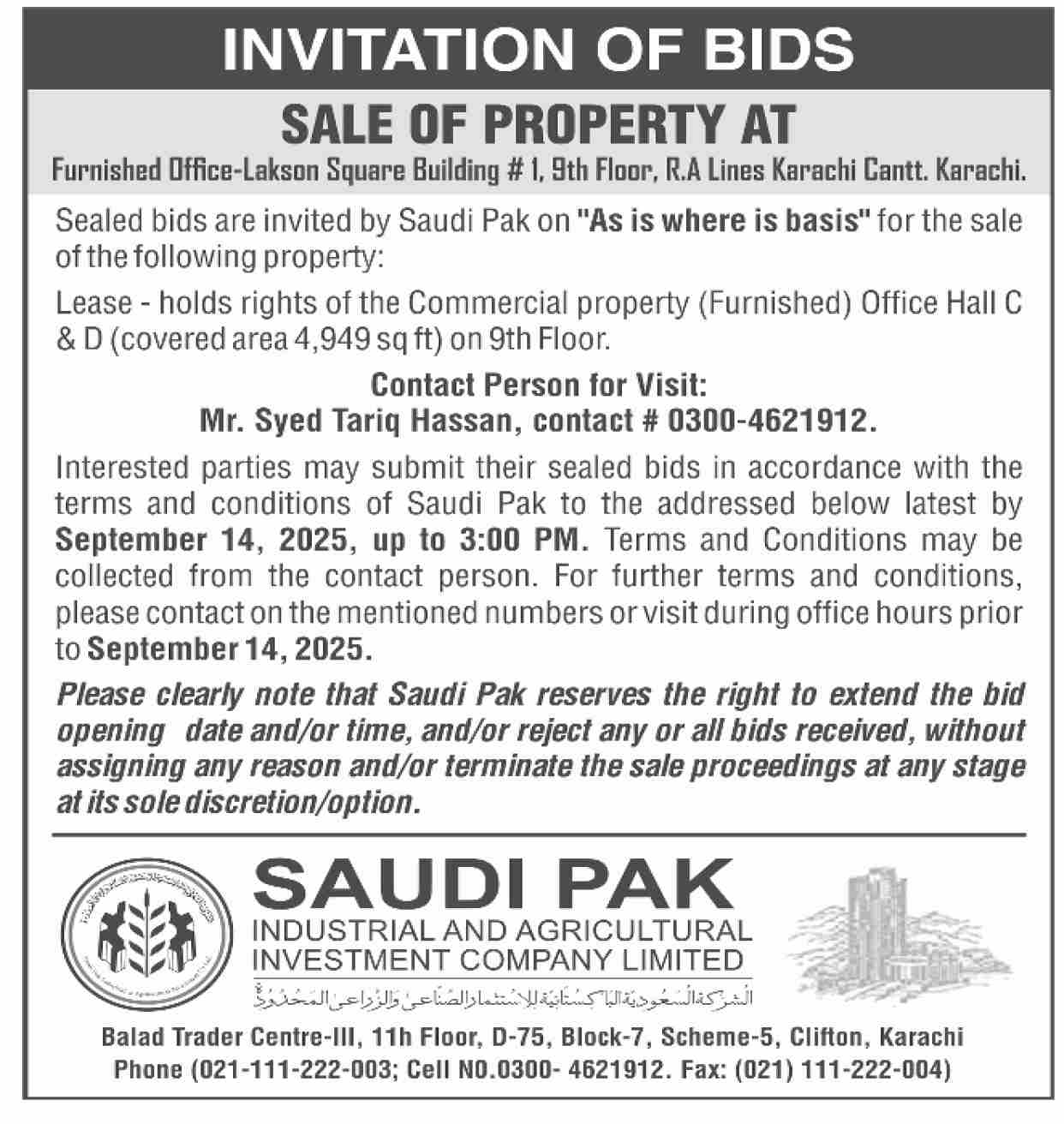 Saudi Pak Industrial & Agriculture Investment Company Limited Tender Notice